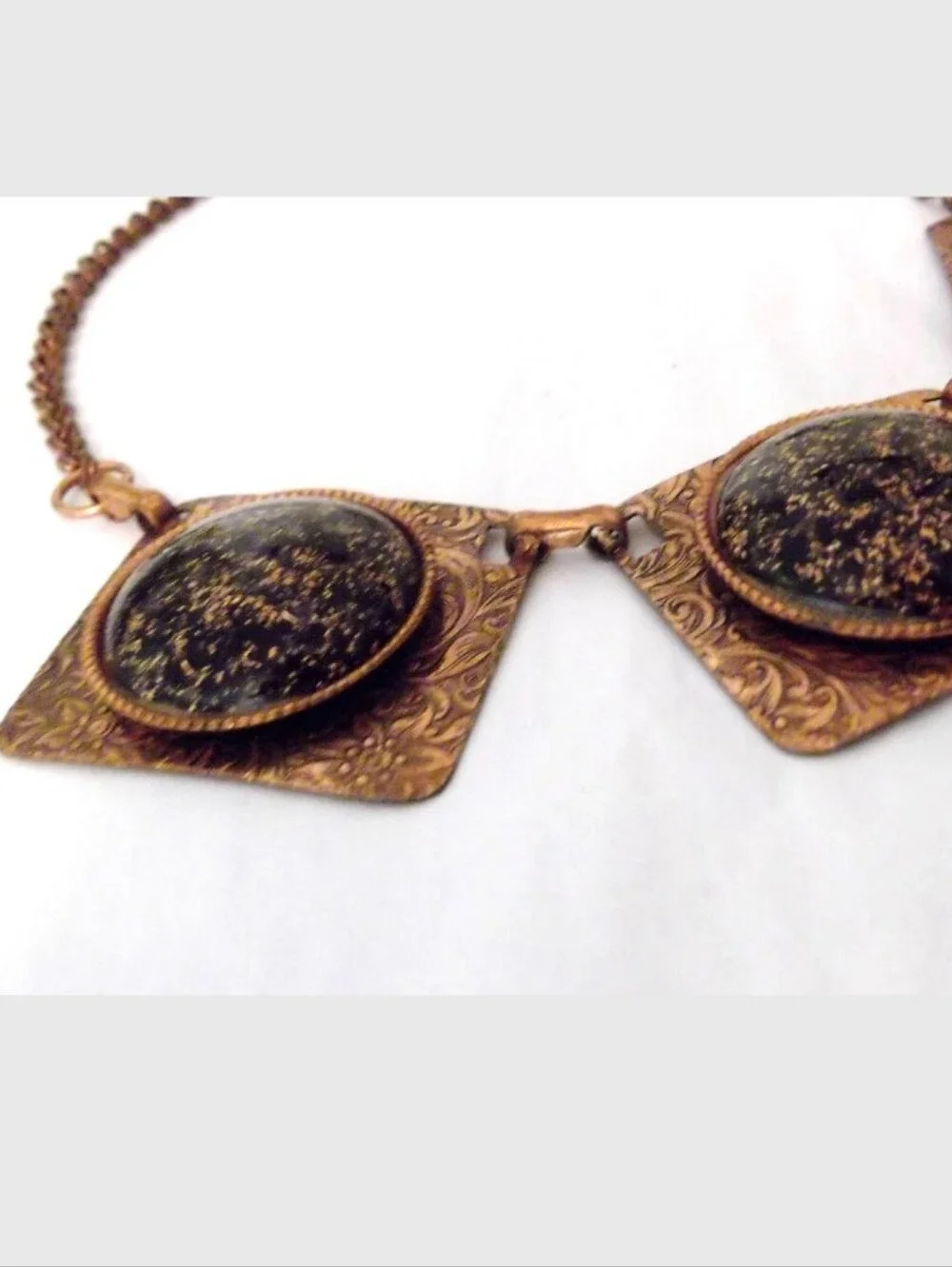 Vintage 50s 60s copper pannel confetti gold stone lucite bib Collar necklace